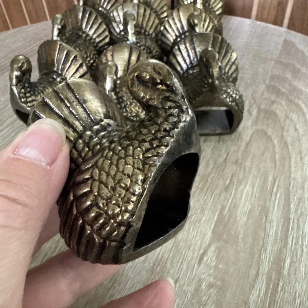 Vtg Set of 10 Brass Turkey Thanksgiving Holiday Quality Napkin Rings/Holders